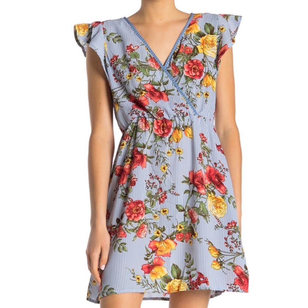 just for wraps floral flutter sleeve dress NWT